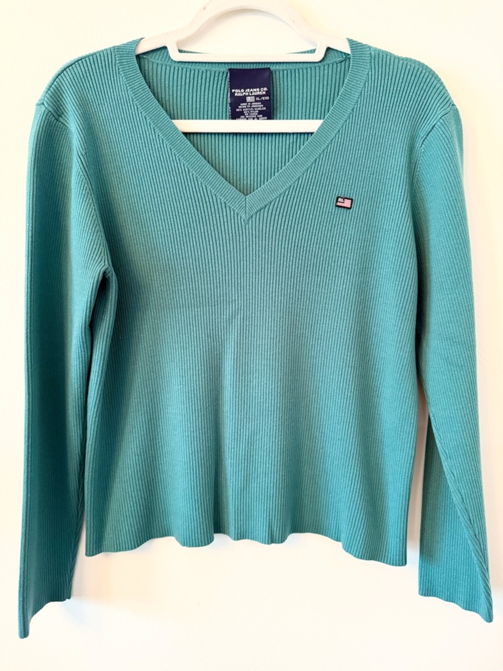 Ralph Lauren Ribbed‎ V Neck Sweater Teal Fitted Stretch Top